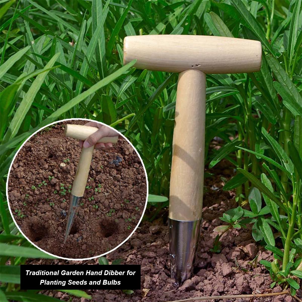 Planteur à Bulbes Traditionnel En Acier Inox - Manche En T Bois 28cm - Jardinage Facile