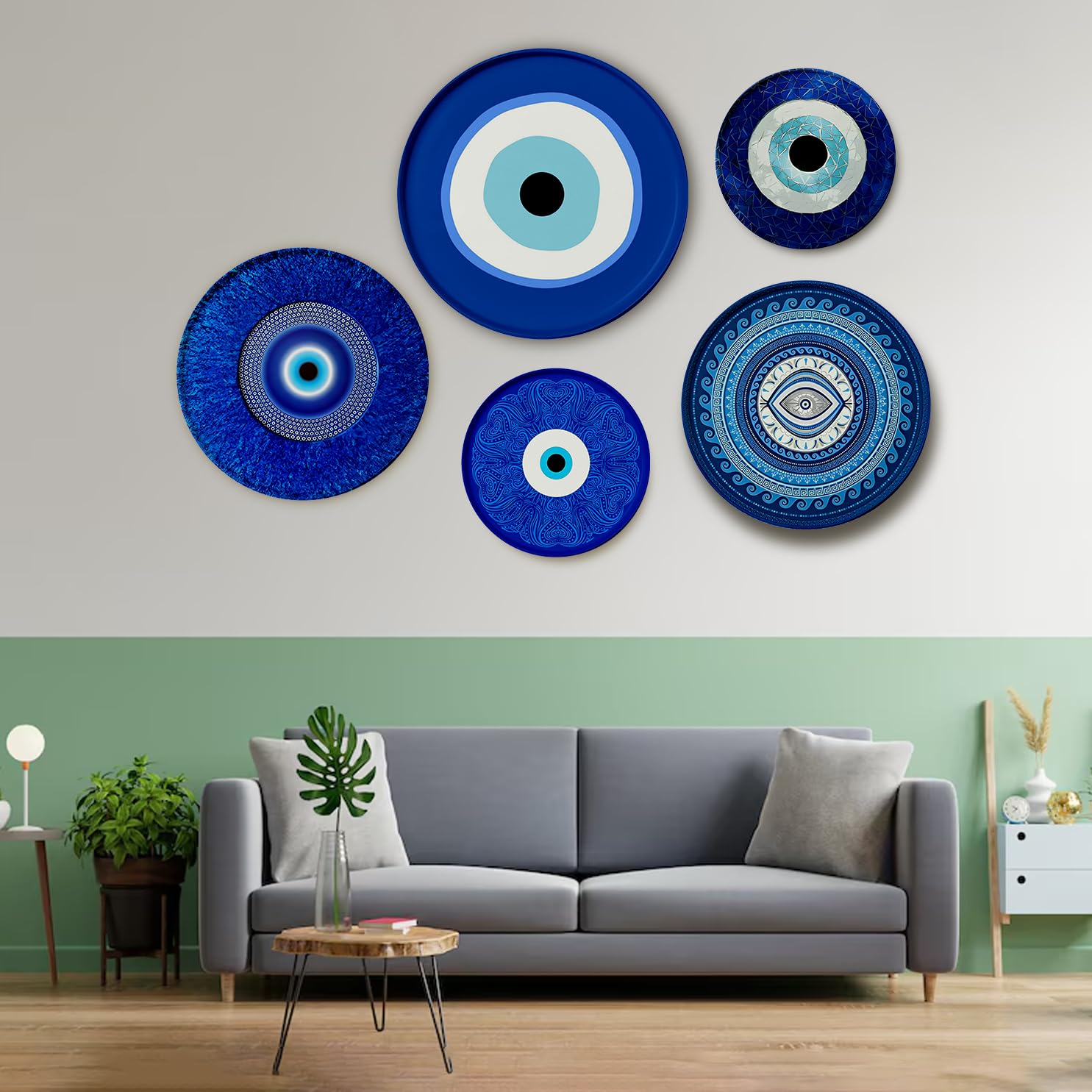 JIKRAA Evil Eye Metal Decorative Designer Wall Plates (Blue) | Wall Decor | Home Decor | Office Decor | Cafe Decor | Set of 5 Plates- 1 x 12 Inch + 2 X 10 Inch, 2 X 8 Inch