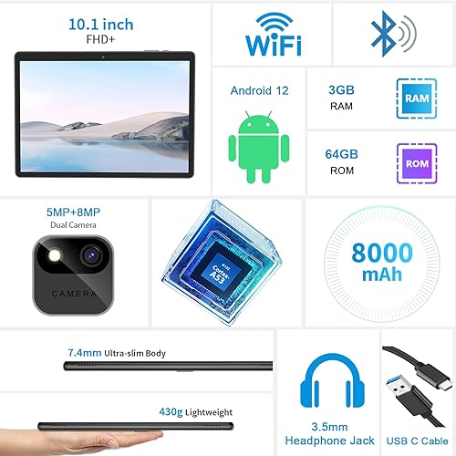 Miniatura 2 de Tablet Android, tableta Android 12 de 10 pulgadas, 3 GB de RAM 64 GB ROM 512 GB Expand, batería de 8000 mAh, WiFi, Bluetooth, cámara dual, pantalla