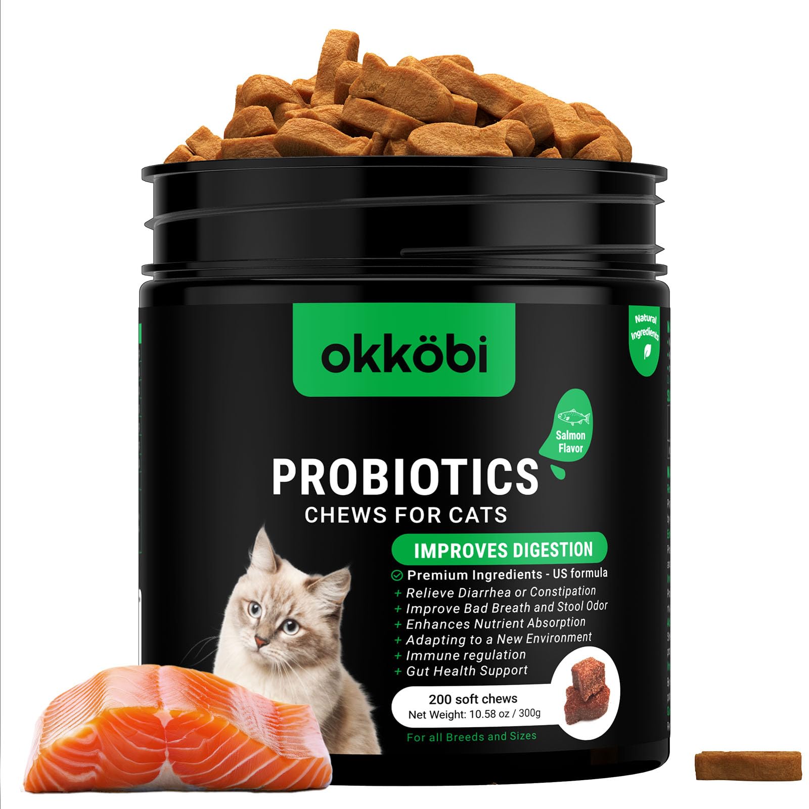 Probiotics for Cats Chews 200PCs - Digestive, Gut Health & Diarrhea Support - Probiotic Chews For Feline - Expert approved US Formula with Cat Probiotics, Enzymes & Natural Ingredients - Salmon