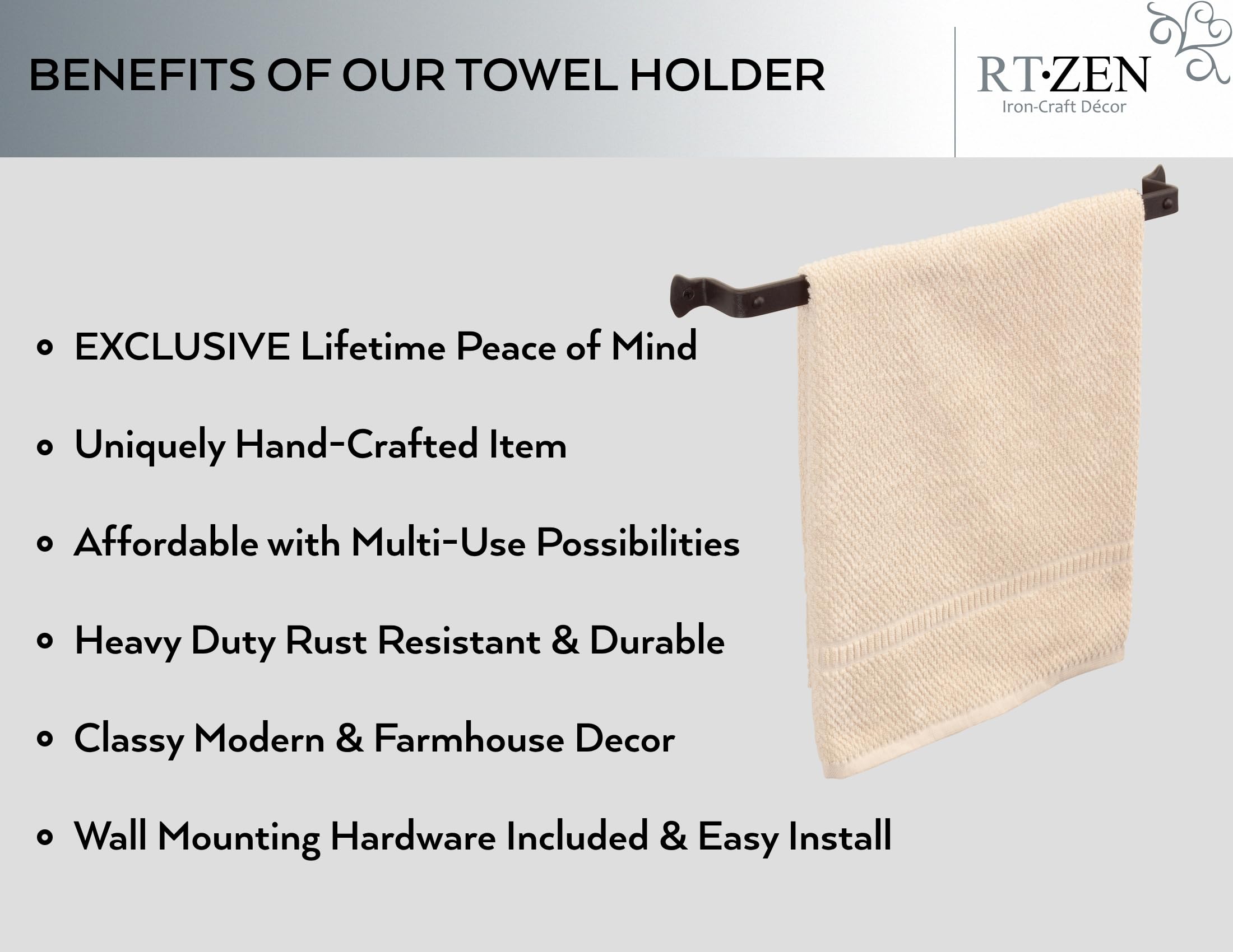 RTZEN Porte-Serviettes de Cuisine en Fer forgé de Style Rustique – Noir Mat – Porte-Serviettes de 43,2 cm pour Serviettes de 35,6 cm (Taille M) – Salle de Bain et Bureau