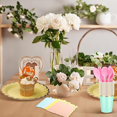 Miniatura 5 de Yaomiao Juego de 336 platos y servilletas, suministros para fiestas, platos festoneados, vasos, servilletas con tenedores de plástico, cuchillos,