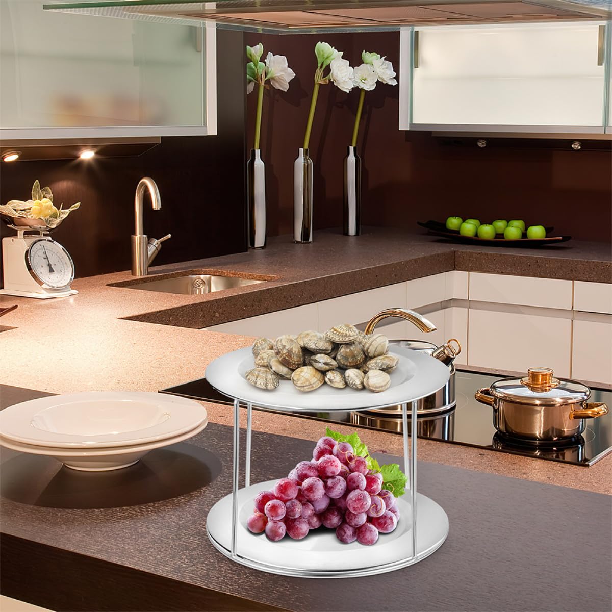 POPETPOP Présentoir Buffet 2 Pièces en Acier Inoxydable, Support à Pizza et Étagère à Fruits de Mer pour Présentation et Service en Restaurant