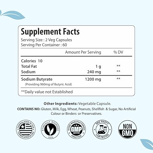 Miniatura 2 de ForestVibe Suplemento de butirato de sodio de 1200 mg, rendimiento de 960 mg de ácido butírico, 120 cápsulas veganas, suministro de 2 meses,