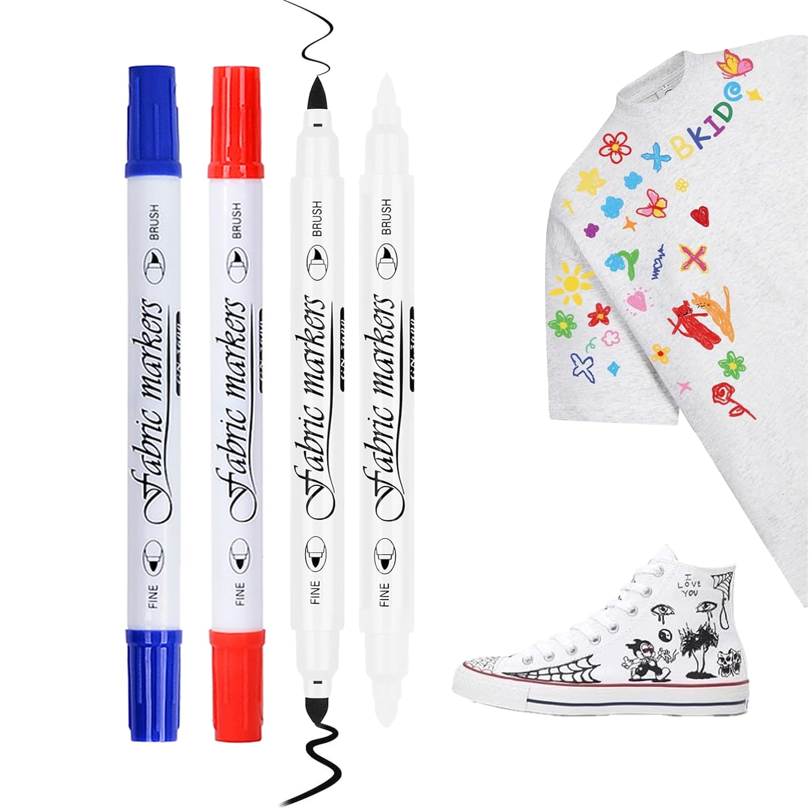 Yolkify 4 Colours Double Tip Fabric Pen, Laundry Marker Pen, Waterproof, Fade-Resistant, Quick Dry, Permanent for Clothes, Art Painting, Highlighting (White, Black, Red, Blue)