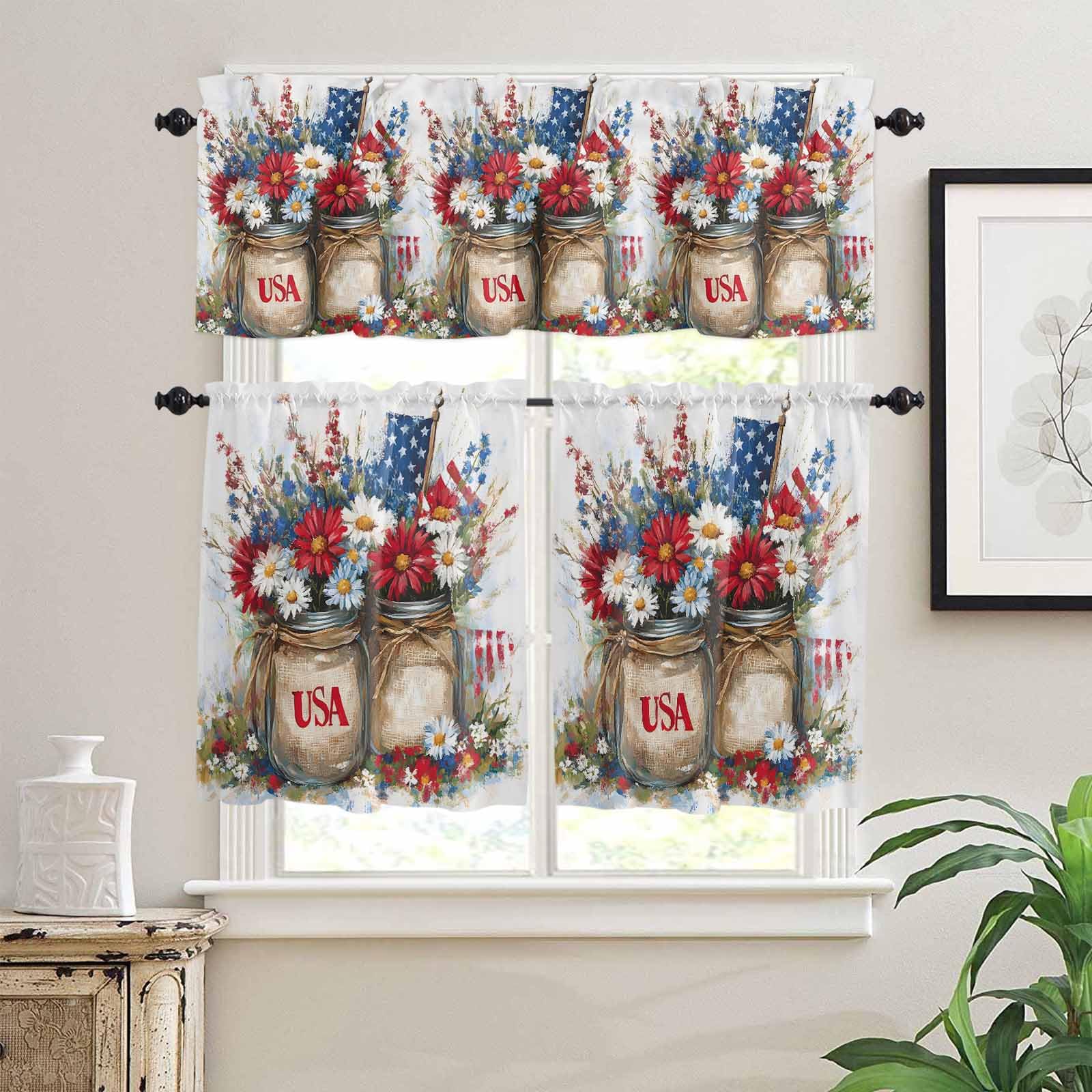 4th of July Floral Kitchen Curtains 24 Inch Length,3 Piece Rod Pocket Small Half Tiers and Valance Set,American Flag Red White Poppy Flowers Small Large Window Treatment Decor for Bedroom/Bathroom