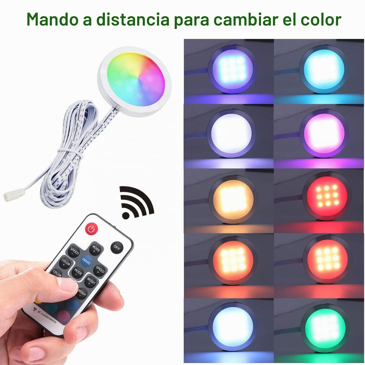 AIBOO Cocina LED RGB debajo de la lámpara del gabinete con control remoto inalámbrico RF, Iluminación empotrada ultradelgada redonda para armario, Luces LED RGB para escaparate 12V 12W(Paquete de 6)