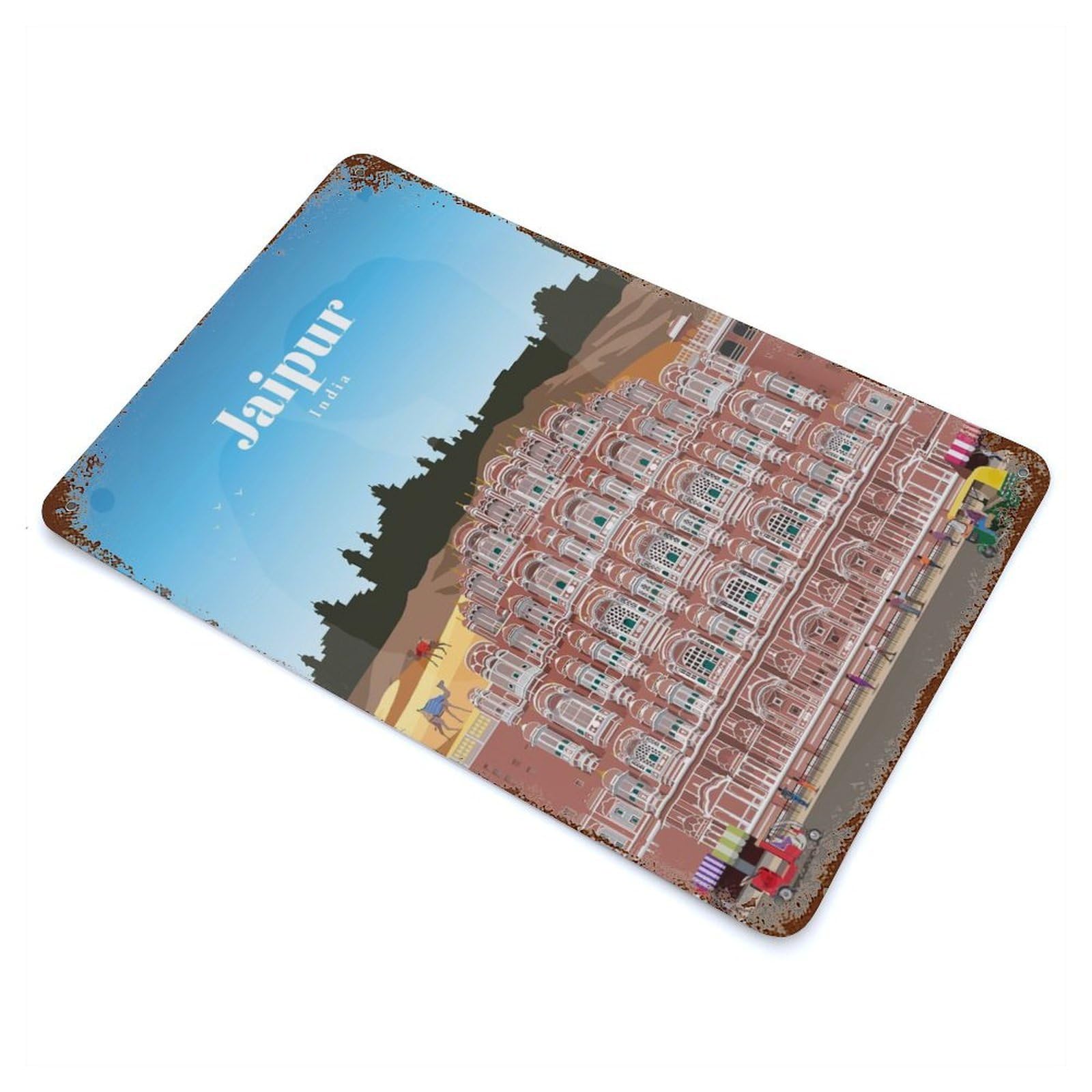 Rust Effect Travel to Jaipur Decorative Tin Sign 11.8"x7.9", Rustic Home Decor for Cafe, Home Bar And Lounge Decor