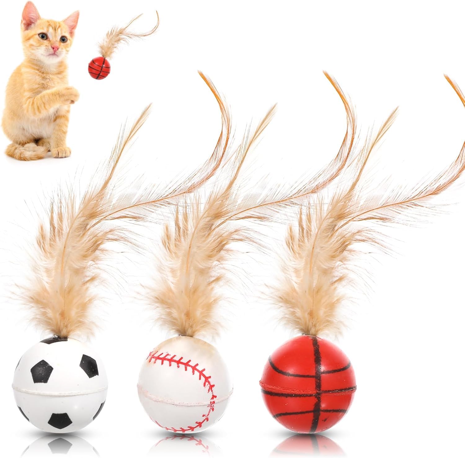 Bertifive 3 Stück Hüpfender Katzenball mit Feder, Interaktives Katzenspielzeug Feder Katzenbälle, hüpfender Spielzeug Ball, Katzen-Hüpfballspielzeuge Hochelastischer Spaß für Katzen Federkatzenball