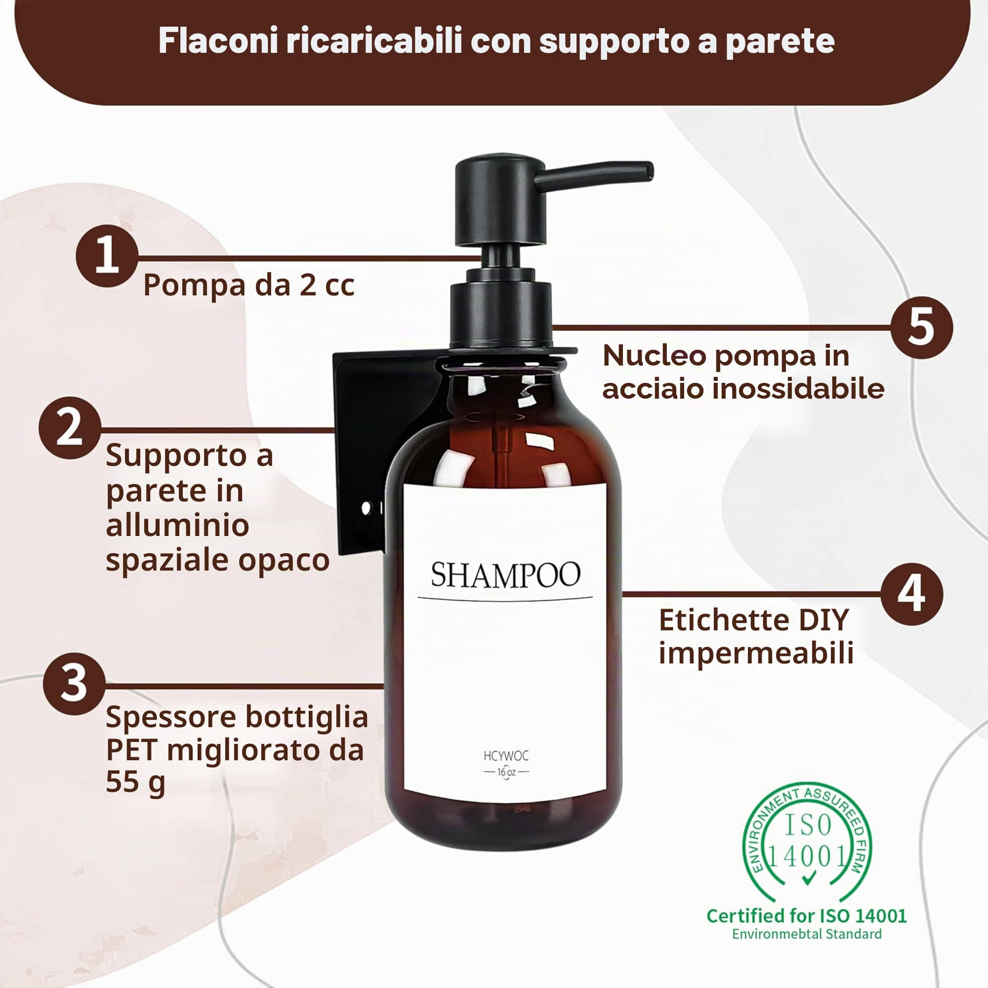 3 Pezzi Dispenser Sapone Bagno a Muro, 500ml Dispenser Sapone Senza Foratura, Con 16 Etichette Impermeabili, Per Bagno Cucina Shampoo Balsamo Bagnoschiuma - Ambra