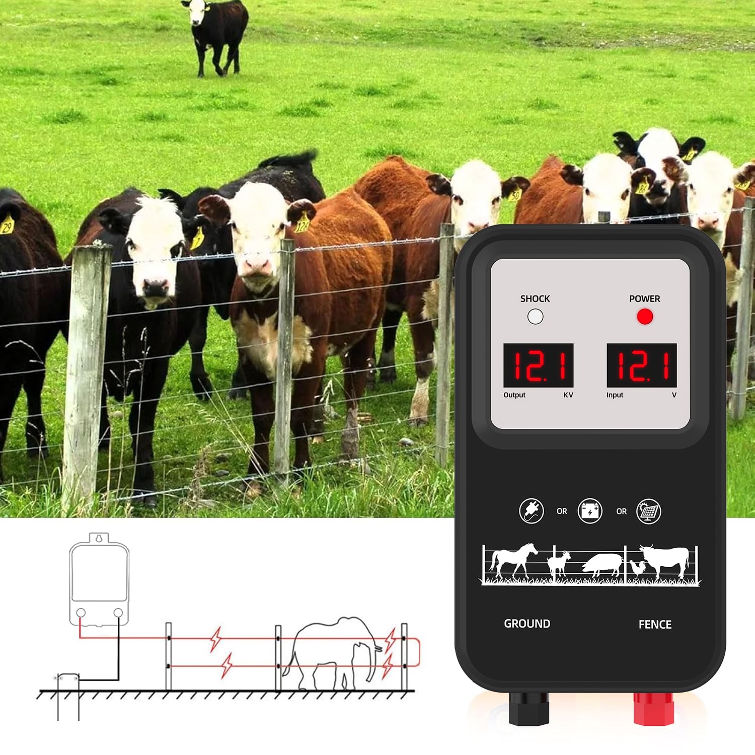 15KM Pastor Eléctrico, 2J Cerca Eléctrica Controlador de Pulso de Alto Voltaje Seguro Cercado Eléctrico para la Prevención de la Fauna Salvaje, Granja, aves de Corral, Jardín (Negro)