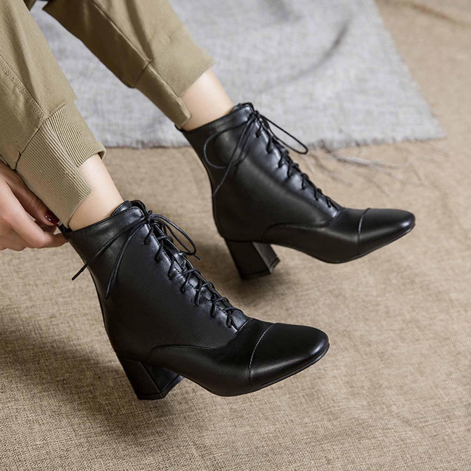 Generisch Stiefel Damen Modische Stiefeletten mit quadratischem Absatz und Schnürung für den Herbst kurze Schuhe runder Zehenpartie