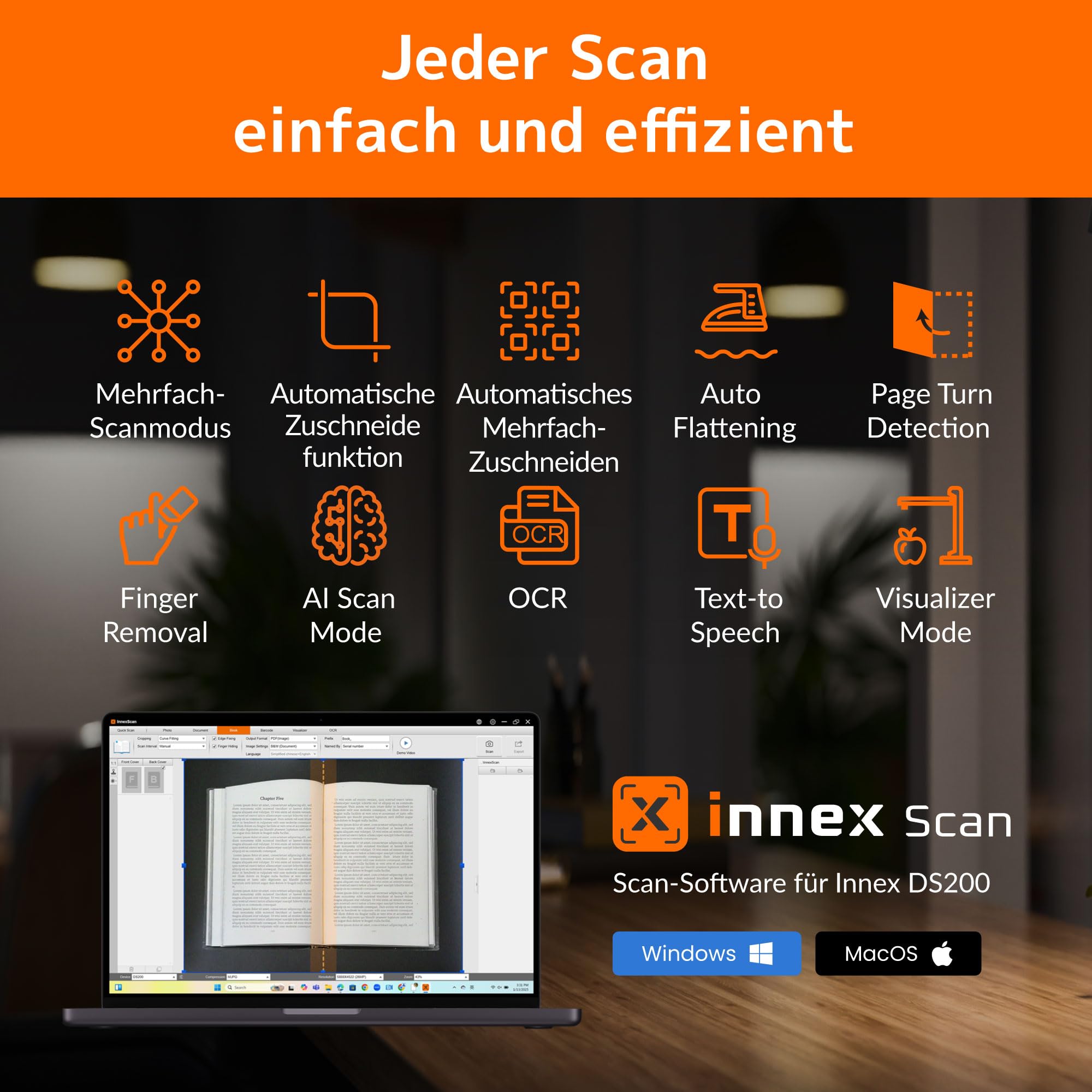 Innex DS200 USB Buchscanner, 26MP, A3-Dokumentenscan, OCR 120+ Sprachen, Auto-Glättung & Begradigung, Fingerentfernung, Mikro & LED, Handtaste & Fußpedal, Win/MacOS