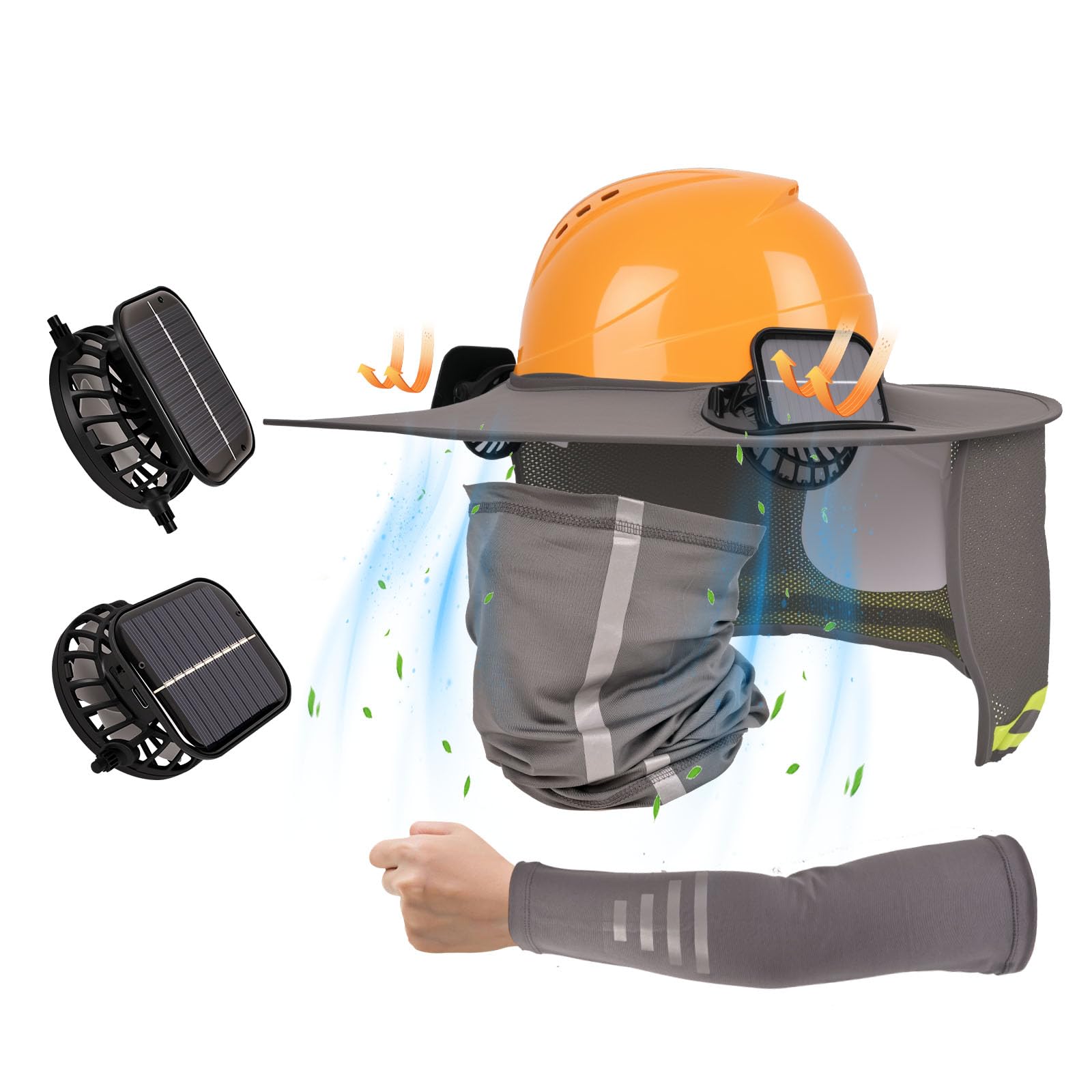 Photo 1 of Hard Hat Sun Shade with Solar Fans Compatible for Milwaukee/Studson/Klein Stand Full Brim Helmet,Neck Cover/Gaiter and Arm Sleeves, Casco De Construcción Con Ventilador