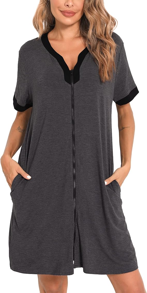 SWOMOG Women Zipper Front House Coat Short Sleeves Robe Zip up Bathrobes Short Nightgown with 