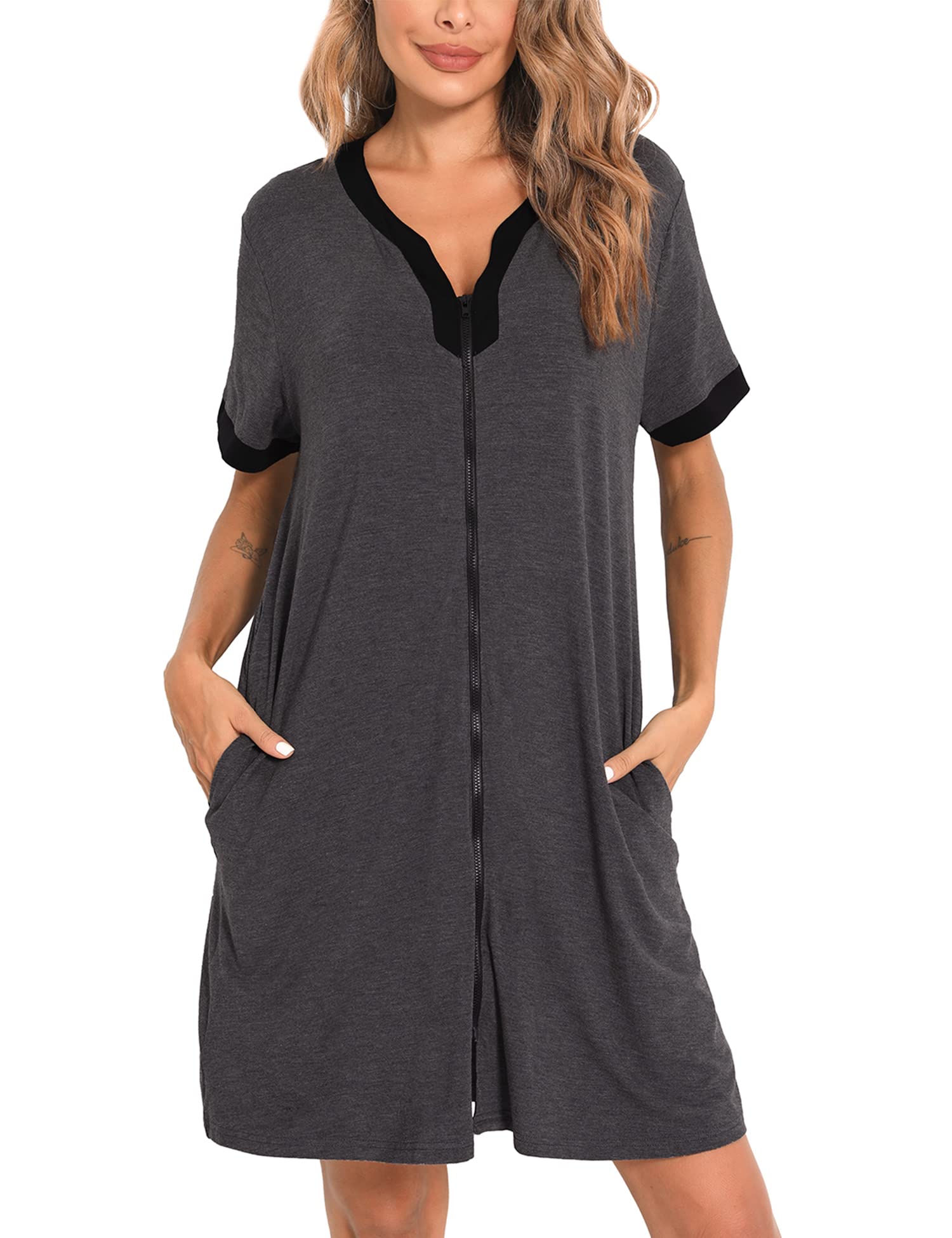 SWOMOGWomen Zipper Front House Coat Short Sleeves Robe Zip up Bathrobes Short Nightgown with Pockets S-3XL