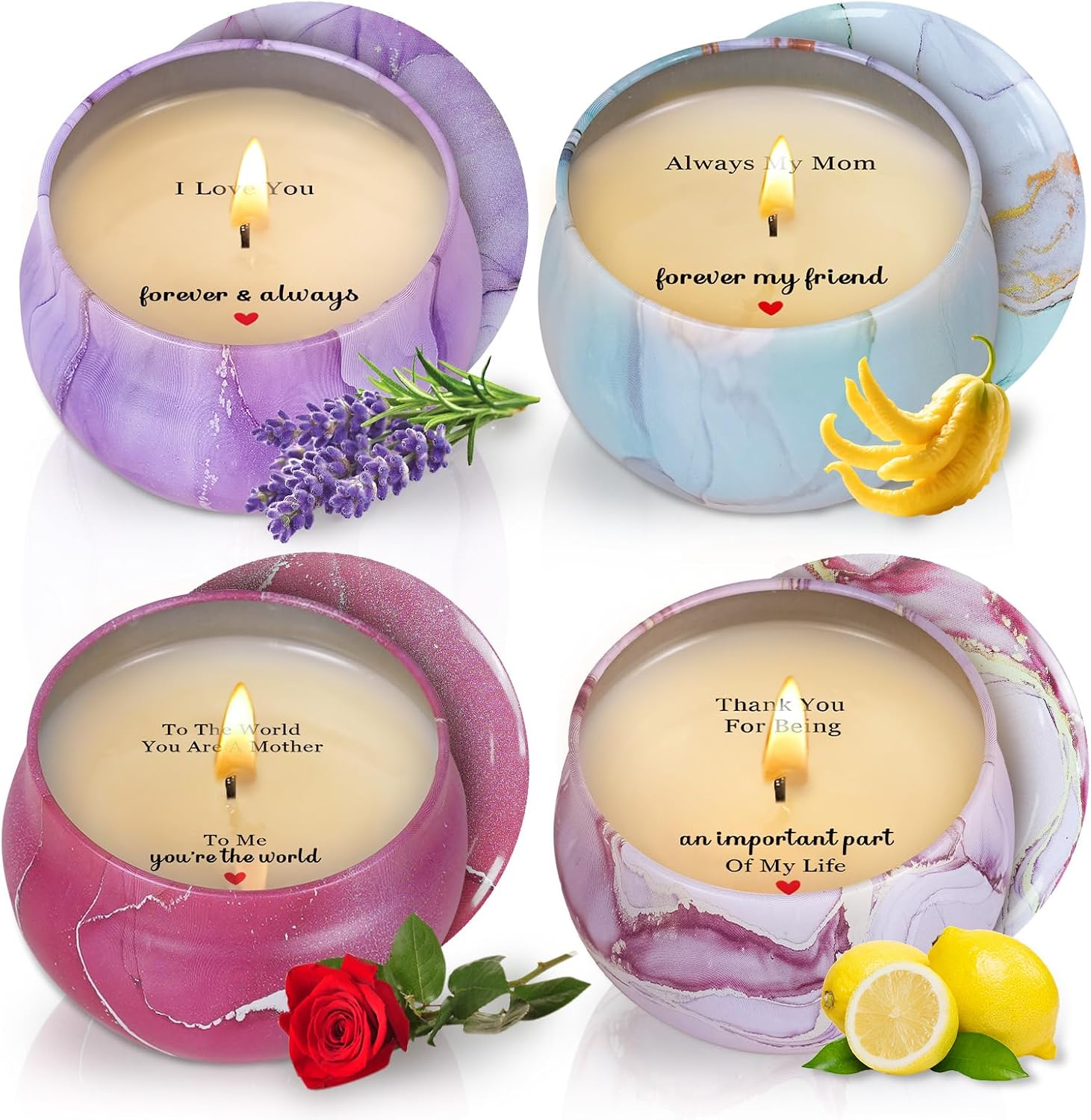 Scented Candles for Mom - Mothers Day Candles Gift Set for Mom with Sayings, 4 Pack Aromatherapy Candles with Four Scents for Birthday Christmas, Hidden Message Candle 120H Long Lasting Burn 17.6 Oz