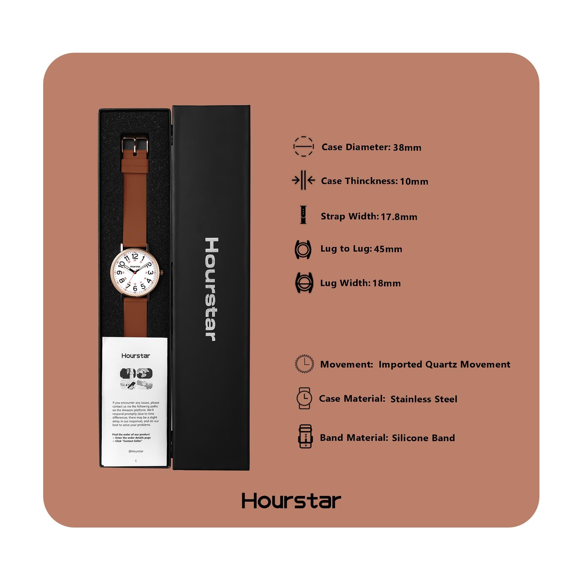 Reloj analógico de enfermera para mujer con segunda mano para enfermería, 12/24 horas, correa de silicona, fácil lectura (marrón)
