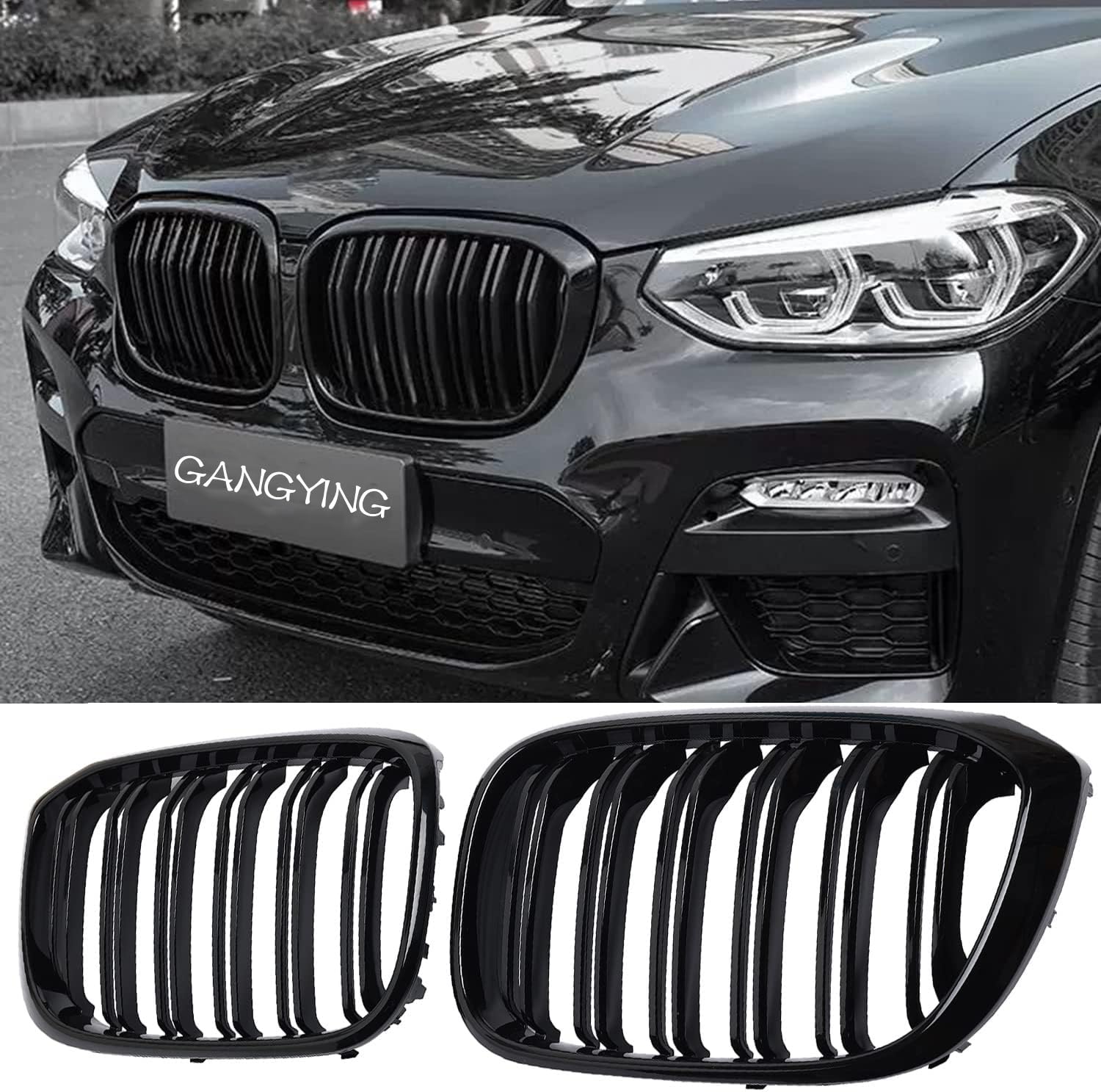 G01 Nieren Schwarz Kühlergrill für BMW X3 G01 2018-2021 X4 G02 2019-2021 Schwarzer Glanz Doppelsteg Nieren aus ABS Material
