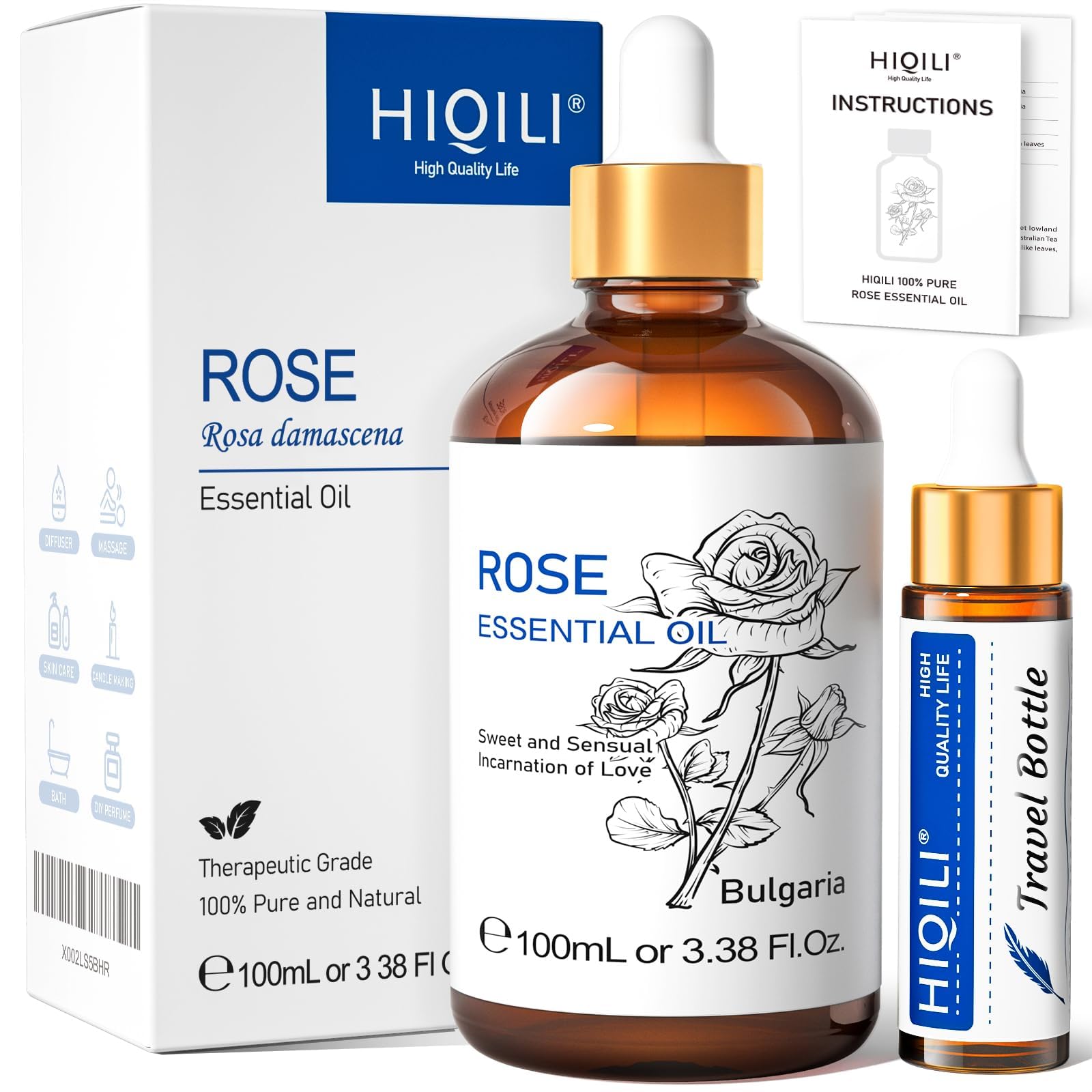 HIQILI Rose Oil Essential Oil, Premium Grade Rose Fragrance Oil for Diffuser, Candle Making, Soap Making, Large Bottle with Dropper & Gift Box - 3.38 Oz