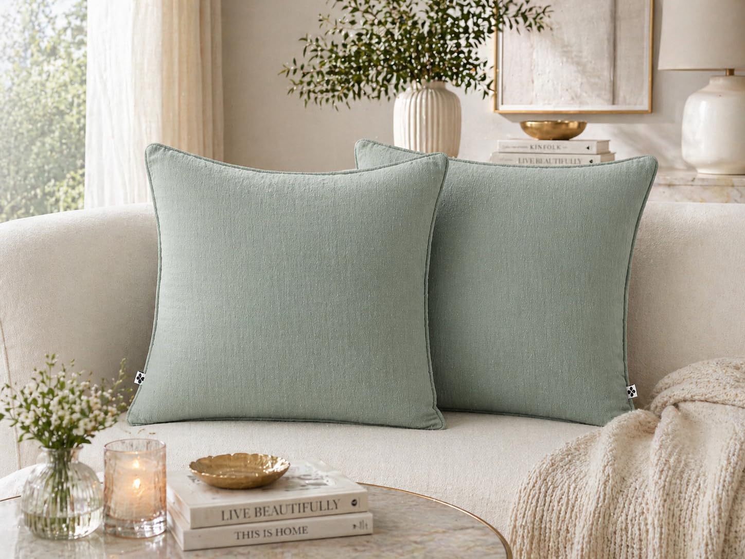 Lot de 2 coussins 45 x 45 cm gaze de coton Eucalyptus – Déhoussables zip –
