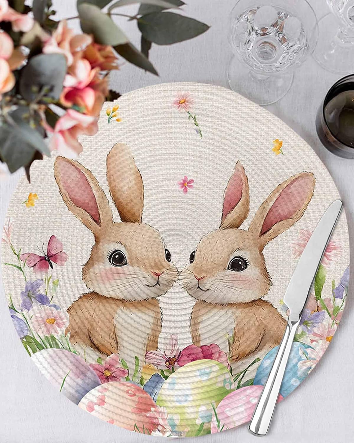 Cute Bunny Easter Eggs Round Placemats Spring Flower Butterfly Woven Place Mats Set of 8,15 inch Heat Resistant Table Mats for Spring Holiday Dining Kitchen Decoration