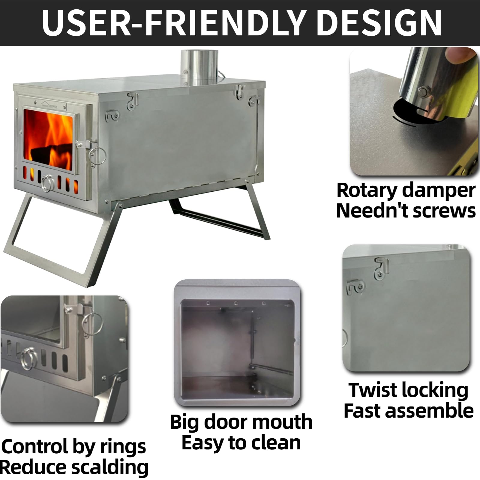 DANCHEL OUTDOOR S6 Portable Tent Wood Burning Stove 304 Stainless Steel, Folding Tiny Hot Tent Stove Lightweight with 7.2ft Chimney for Backpacking, Winter Survival, Cooking