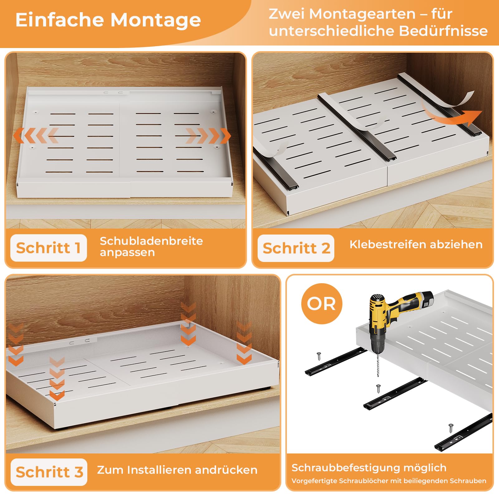 Teleskopschublade, Ausziehbare Schublade Küche Breite 32-52cm, Ausziehbarer Schrank Organizer mit Schienensystem, Stick Slide Out Auszug Küchenschrank für Küche Organisation, Weiß (4 Stück)