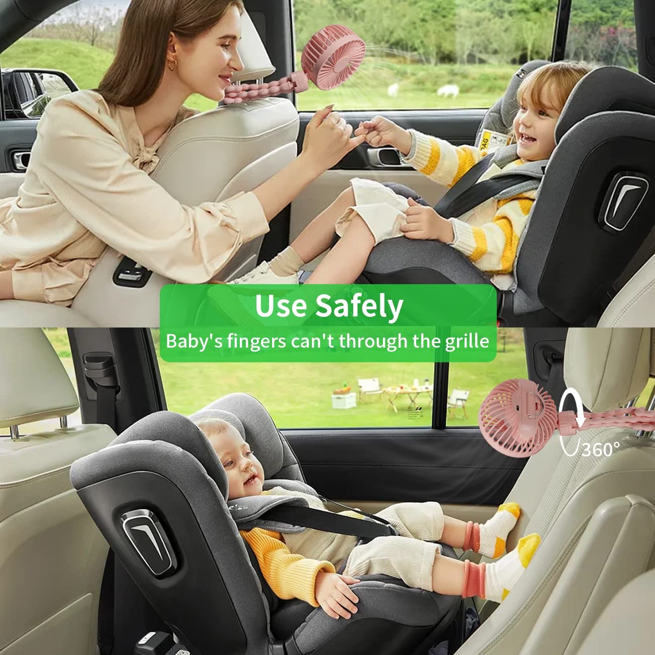 Ventilateur Portable pour Poussette, Batterie Rechargeable par USB, mini Ventilateur de Bébé avec 3 Vitesses, Rotatifà 360° et Clip de Trépied Flexible pour Siège de Voiture, Camping - Rose