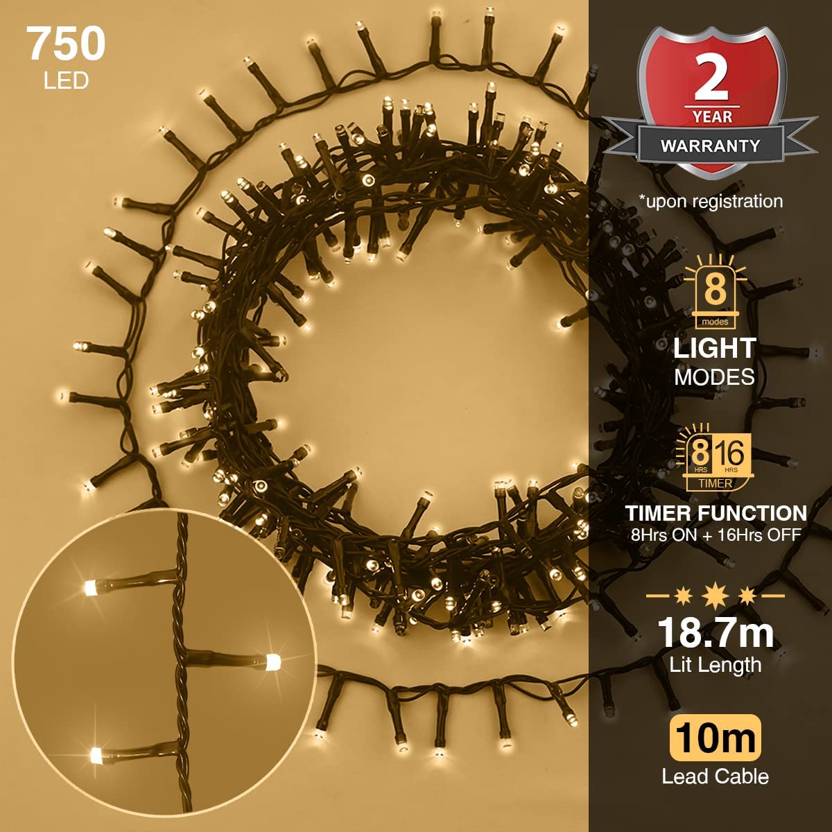 Buy ANSIO® Christmas Lights 750 LED 18.7m/61ft Cluster Compact