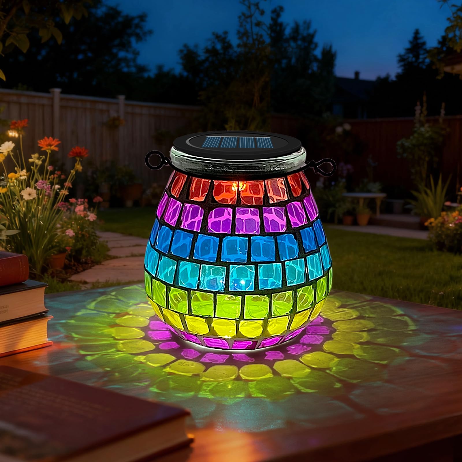 1PCS Oval Solar Mosaic Lights Outdoor, On/Off Glass Hanging Solar Mosaic Lanterns Lights IP65 Waterproof for Table Lawn Path Courtyard Deck Fence, Maple Mosaic Light — view 29