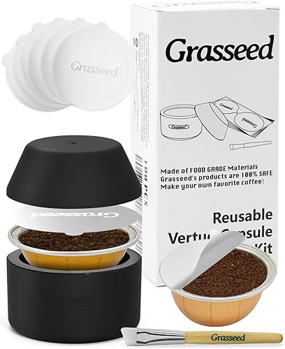 Grasseed Vertuo - Kit de cápsulas reutilizables para cápsulas VertuoLine con 50 sellos de papel de aluminio, tapa, soporte y cepillo, se adapta a