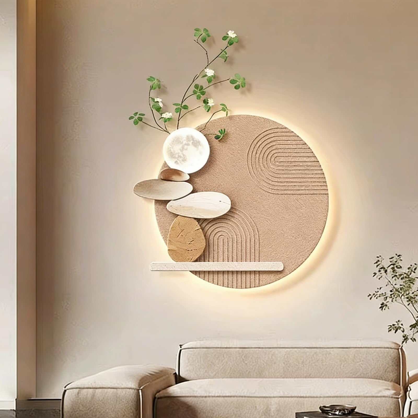 Art mural 3D LED au salon, déco moderne ronde lune et plantes pour une ambiance chaleureuse