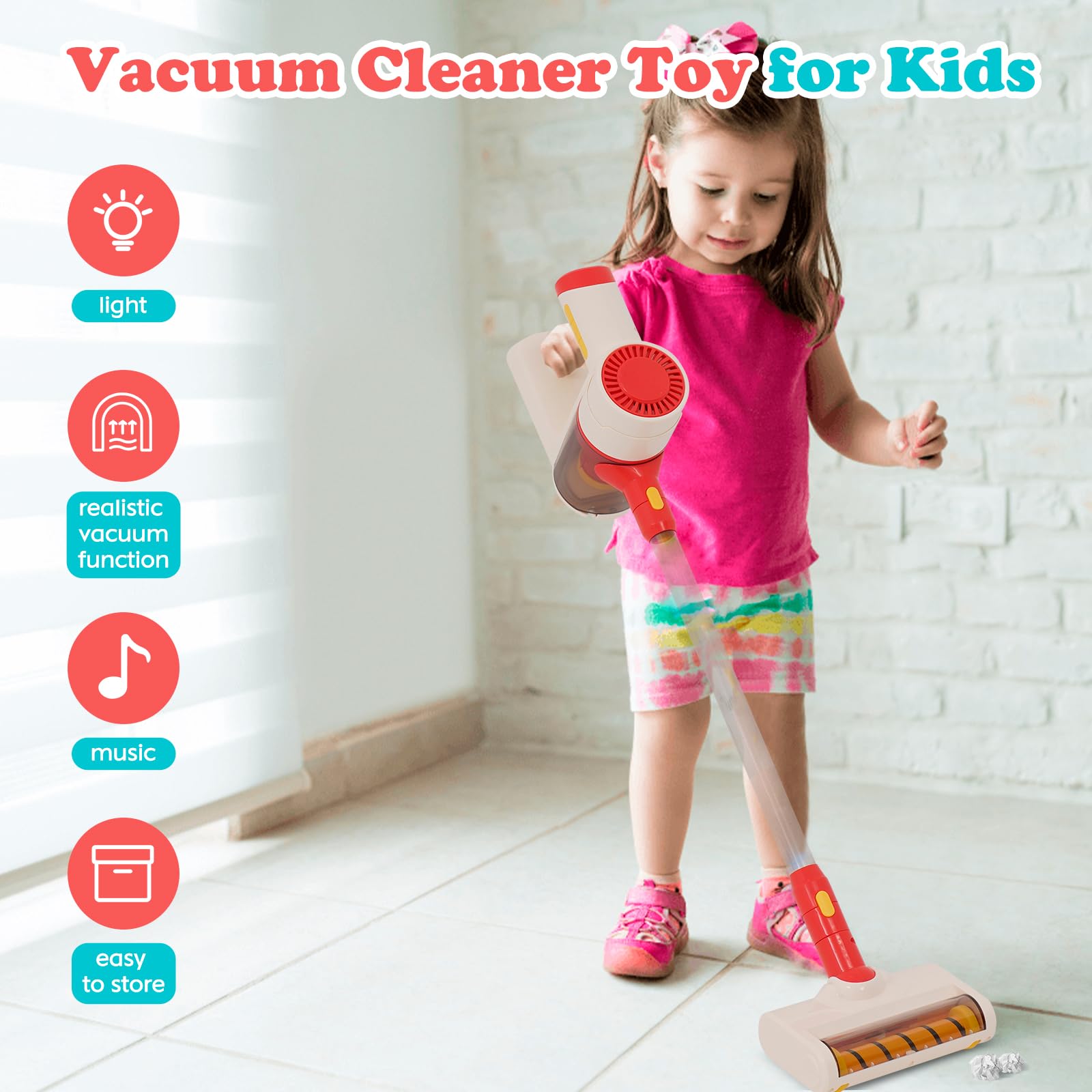 Juguete Aspiradora Infantil, Juego de Juguete de Limpieza Infantil 3 en 1 con Succión Realista y Sonido, Juego de Juguete para Jugar a Limpiar la Casa, Herramientas de Limpieza con Esponja para Niños