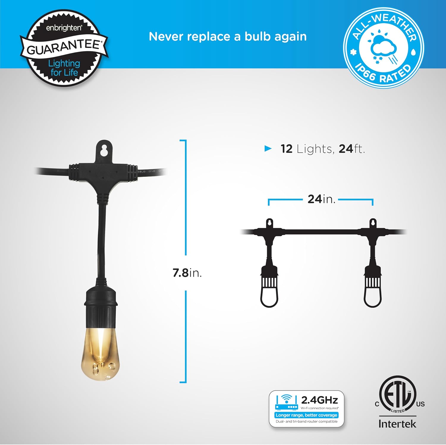 Enbrighten LED Wi-Fi Smart Vintage Café Lights, 24ft, Multicolored/White, Patio, Backyard, Deck, Porch, Outdoor Lighting, Various Color Options, Smart Control, Bluetooth, Vintage Bulbs, 57414