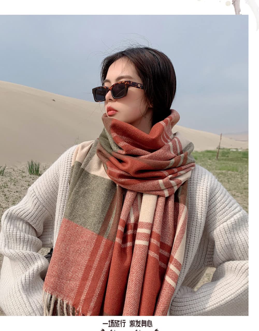 HGJH Strickschal Damen Winterschals Orange Weich Warm Dick Warm Decke Quaste Tartan Kaschmir Gefühl Stil Lang Groß Schal Winterdecke Schal Trendige Stola Schals Für Frauen Mädchen
