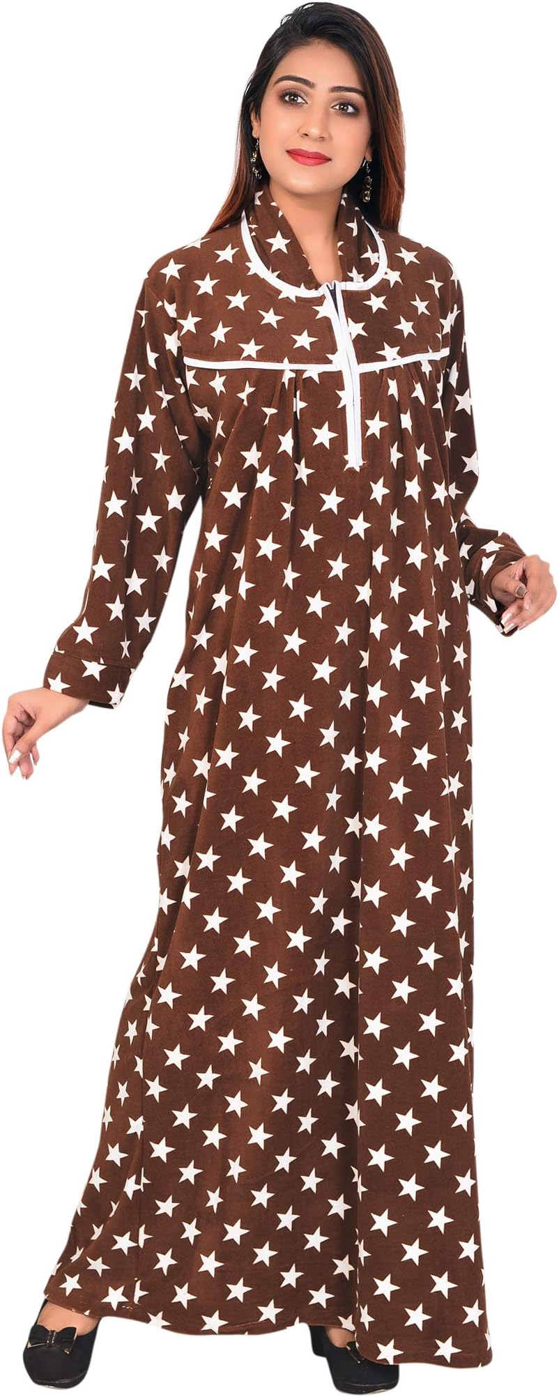 Women's Wool Starred Maxi Nighty (Brown Woolen Nighty, brown, Free Size)