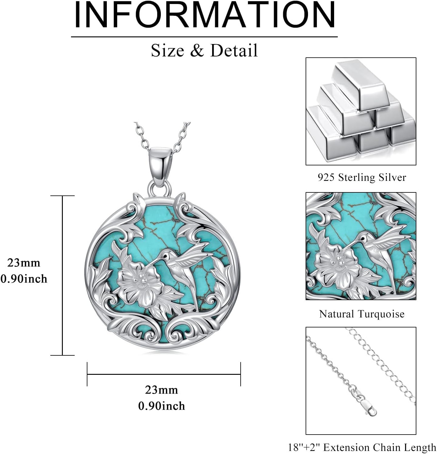 Natural Turquoise Hummingbird Necklace S925 Sterling Silver Hummingbird Pendant Necklace Genuine Gemstones Hummingbirds Jewelry Gifts for Women - Image 6