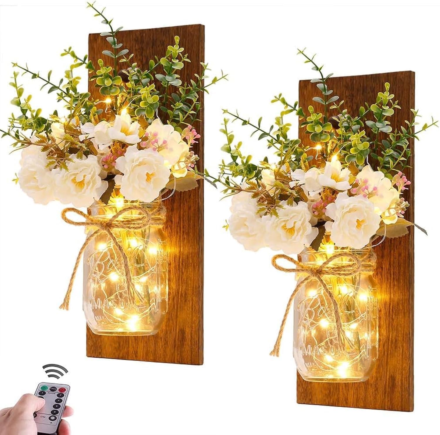 McMola Rustic Wall Sconces Mason Jar Sconces Handmade Wall Art Hanging Design with Remote Control LED Fairy Lights,Christmas Decor Gift Farmhouse Wall Home Decor Living Room Lights Set of Two