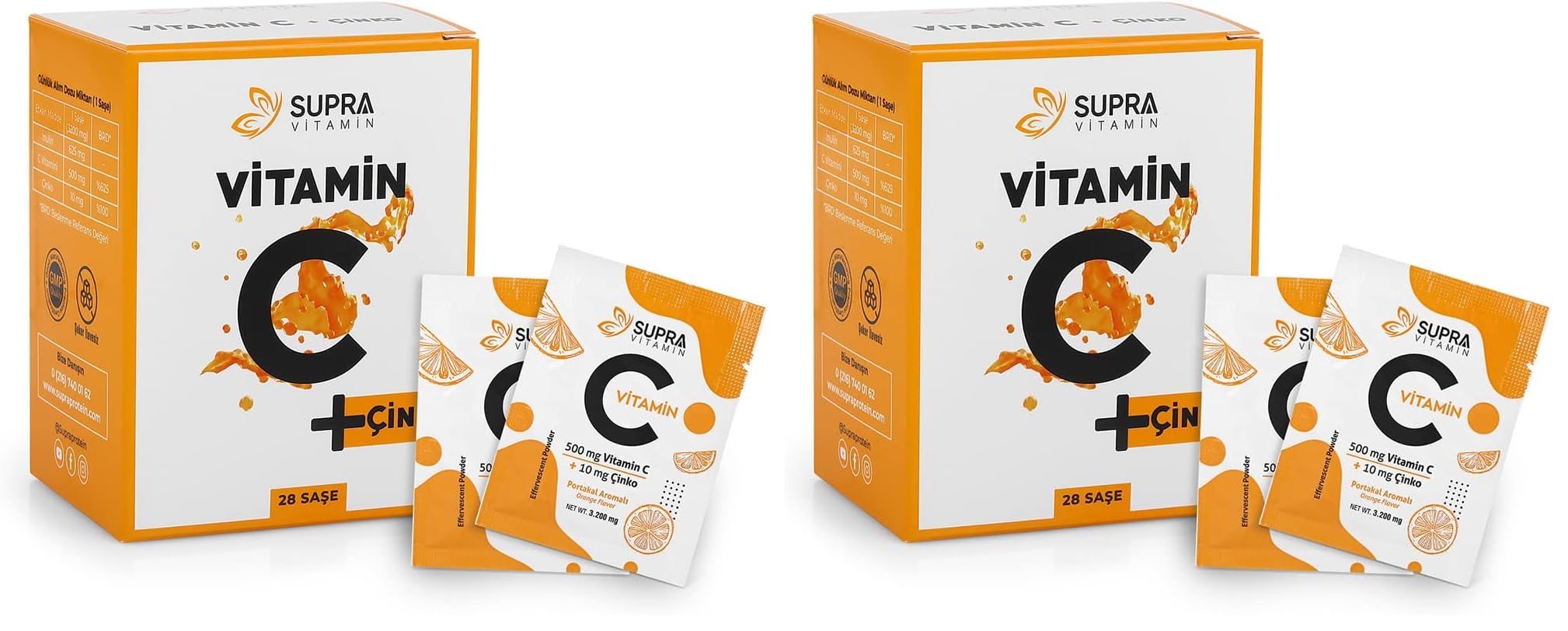 Supra Protein Supra Vitamin C + Çinko- Prebiyotik Inülin Ilaveli Toz Efervesan Saşe-28 Günlük Kür (2 paketi)