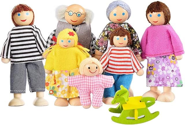 Lovely Happy Family Dolls Playset Wooden Figures Set of 7 People for Kids Children Toddlers  Dollhouse Pretend Gift