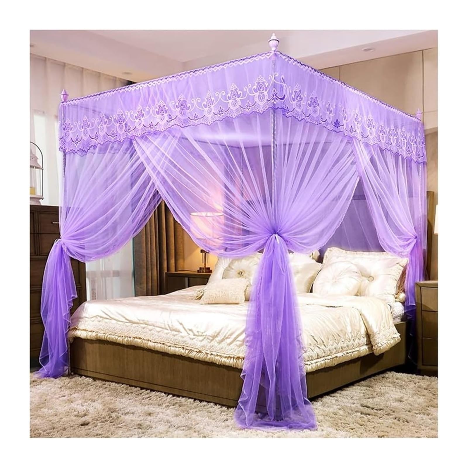 LGTDF35 DETPWVWB 4 Corner Post Bed Canopy Mosquito Net - Romantic Lace Embroidered Bed Curtain for Princess Room Decor(Pink,150X200cm/59X79in)(Purple,180X220cm/71X87in)
