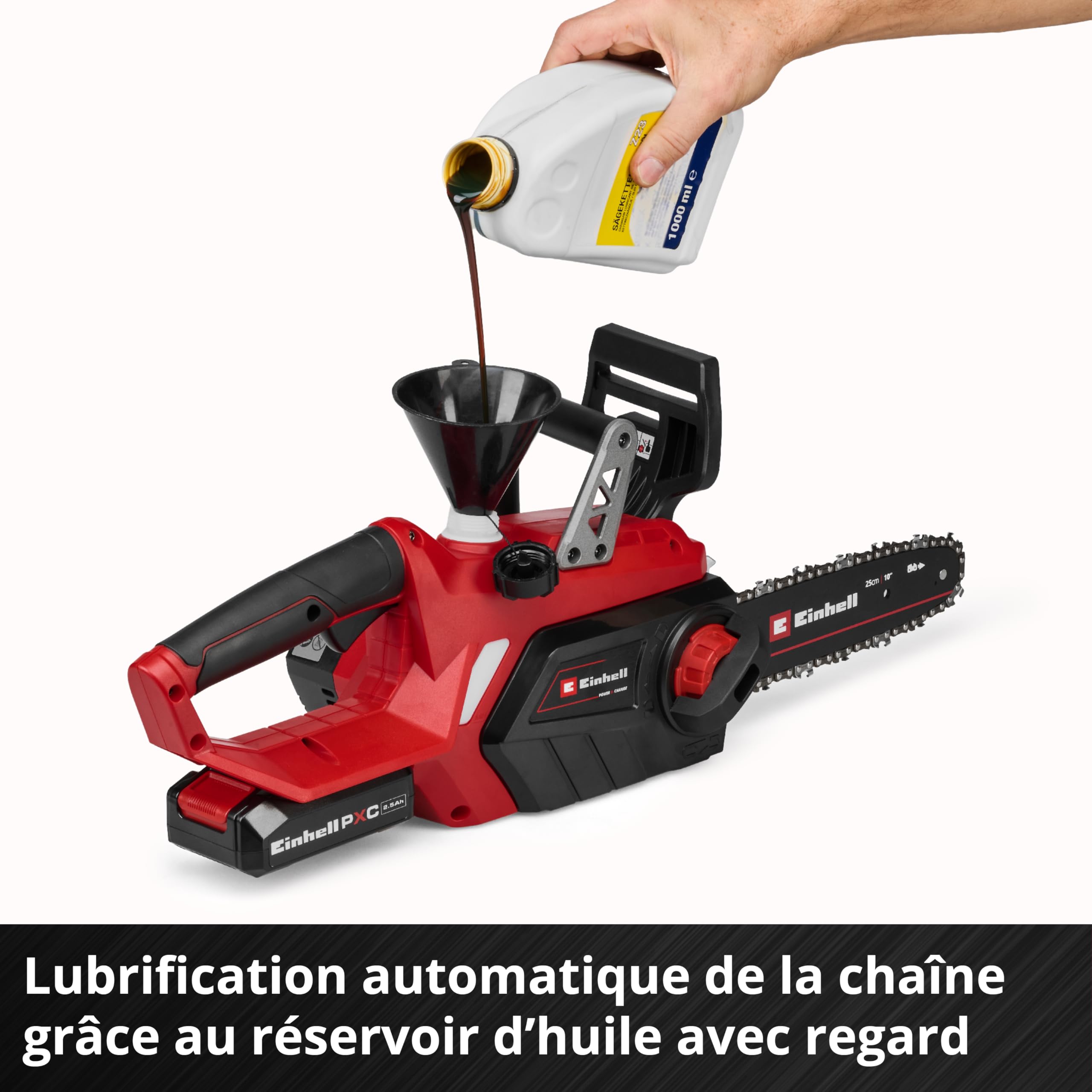 Einhell Akumulatorowa piła łańcuchowa GE-LC 18/25-1 Li Kit (1 x 2,5 Ah), PXC (18 V, długość cięcia 23 cm, prędkość łańcucha 4,5 m/s, automatyczne smarowanie, z akumulatorem i ładowarką)