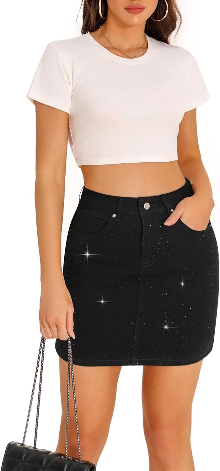 GUANYY Jean Skirts for Women Denim Sparkle Rhinestone Diamond High Waisted Stretch Mini Skirt - Image 6
