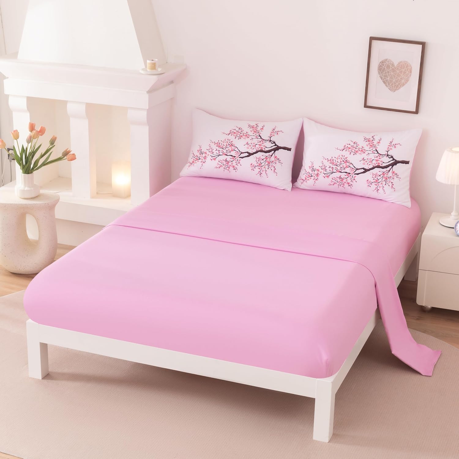 Suncloris Red Cherry Blossom Comforter Set Queen, 5pc Sakura Floral Bedding Set, Includes Lightweight Quilt, 2 Pillowcases, Flat & Fitted Sheet, Microfiber Bedding for Girls Teens (Red (5pcs), Queen)