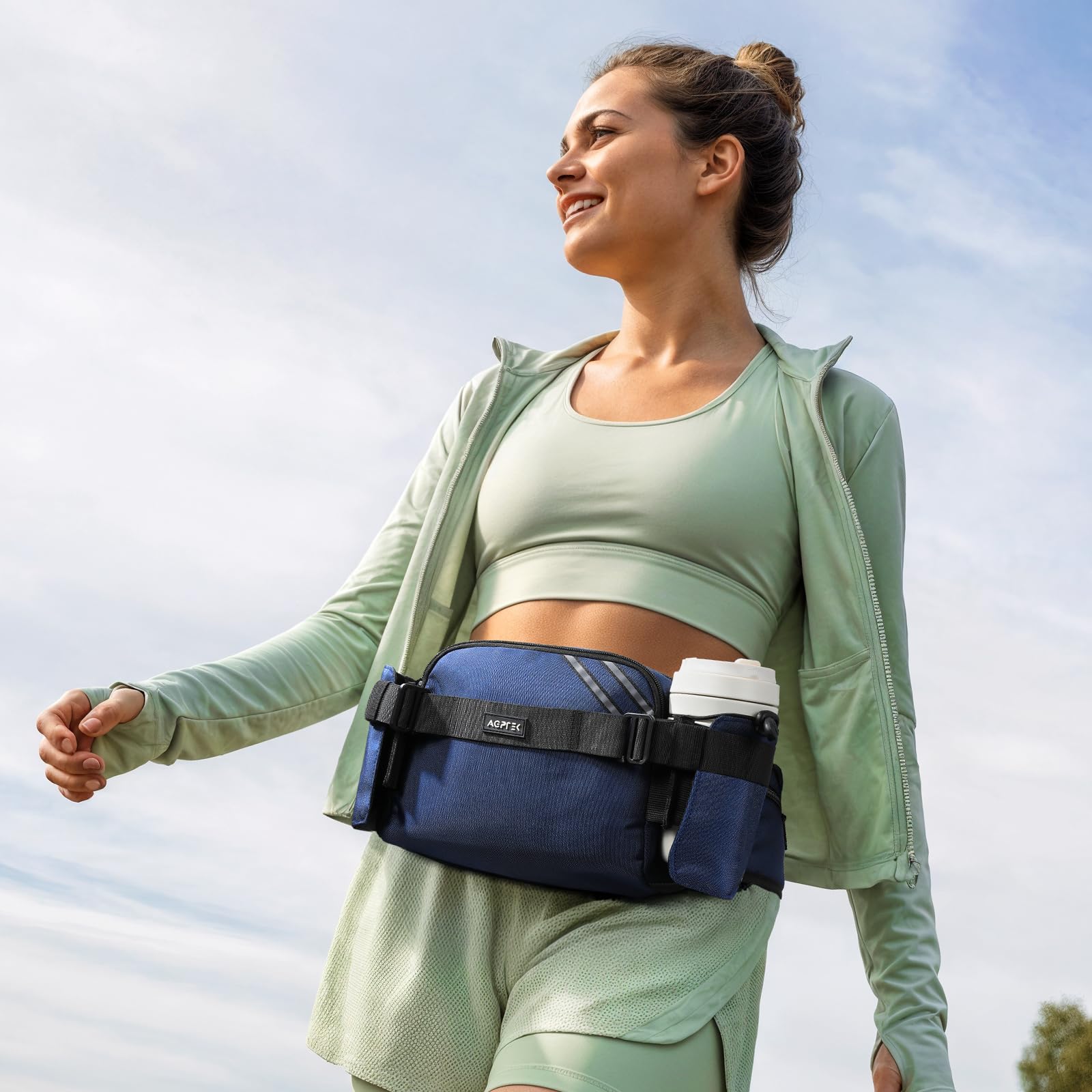 AGPTEK Sac Banane avec Porte-Gourde, Grande Capacité Sacoche Banane Ceinture pour Homme Femme, Réglable Multi-Poches pour Course à Pied, Randonnée, Vélo, Camping et Voyage