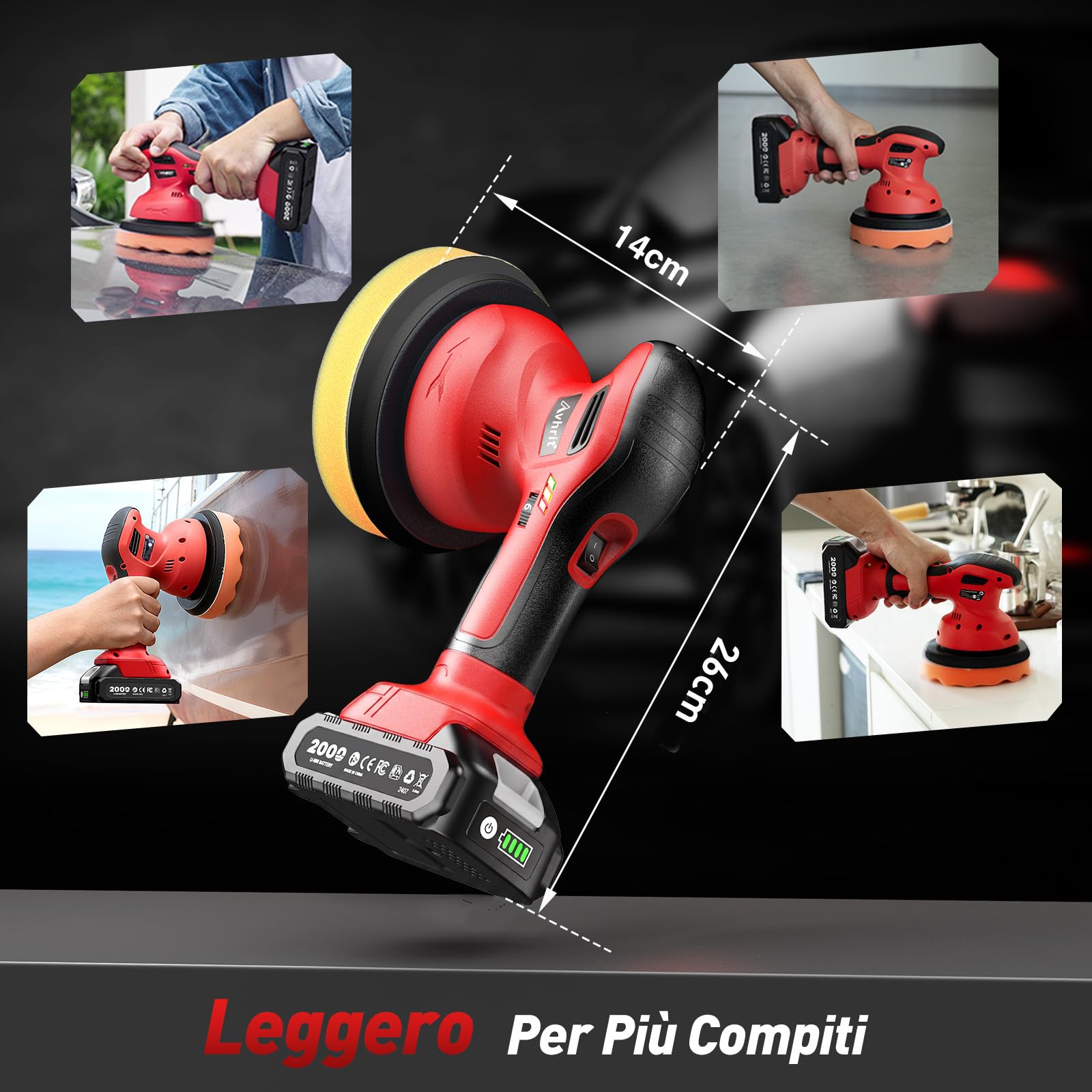 Lucidatrice Auto Senza Fili, 2x21V da 2000 mAh (Fino A 6000 Giri/Min), Lucidatrice Per Auto Da 6", Lucidatrice per Carrozzeria, Ideale Per Lucidatura, Ceratura E Detailing Dell’Auto
