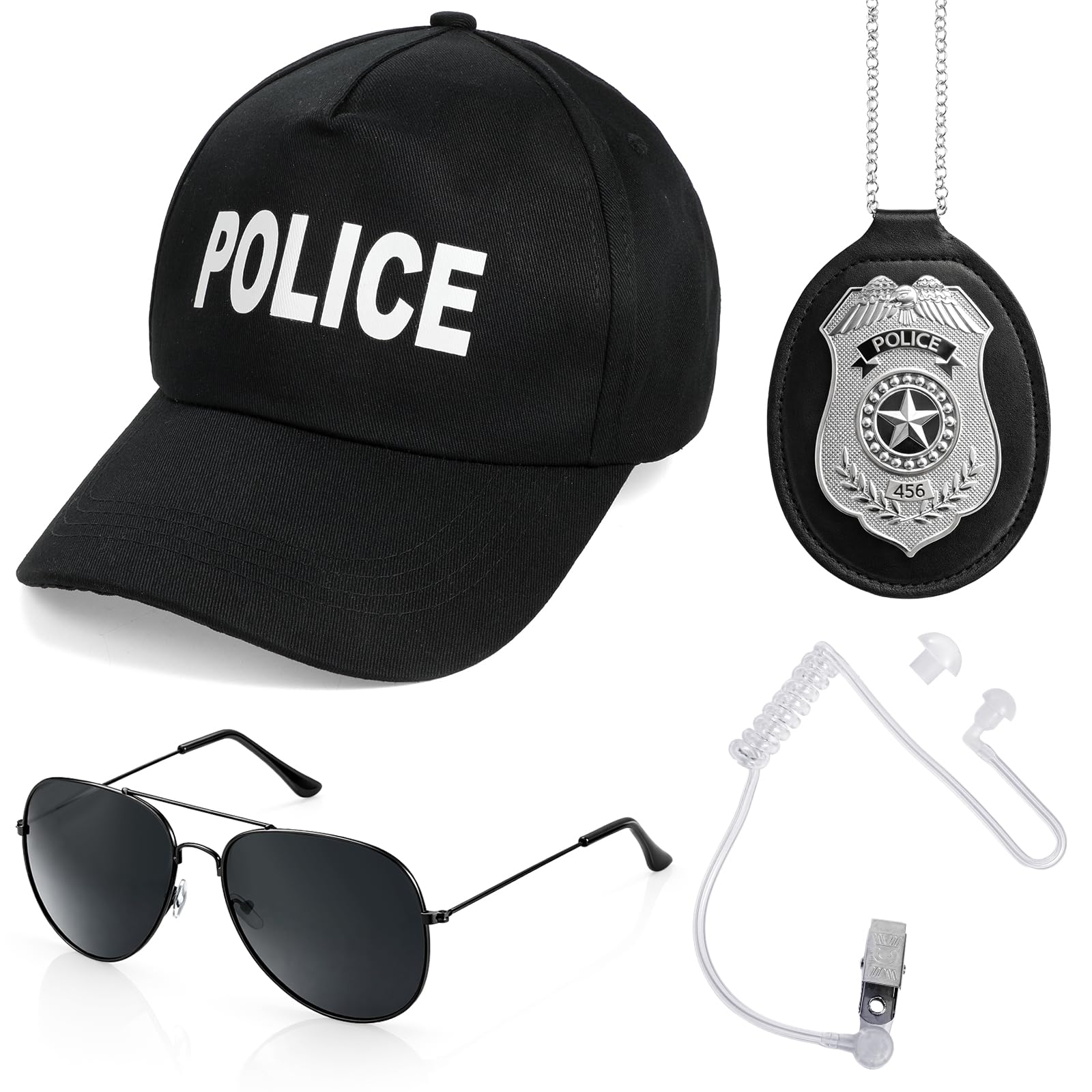 Disfraz Policía para Adultos, Kit de Disfraz de Policiales Gorra de Policía Gafas de sol Placa Policia Tubo de Auriculares para Hombre Adultos Cosplay Fiestas Carnavales