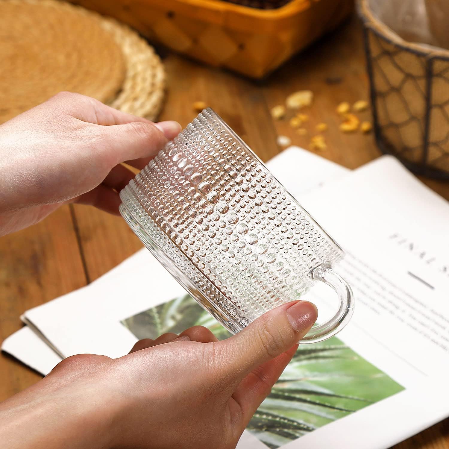 WHJY Vintage Glass Coffee Mugs with Spoon, Set of 2 espresso ribbed glass coffee cup，Embossed Tea Cups, Esthetic Tea Cups for Cappuccino, Latte, Hot Beverages, 14 oz - Image 5