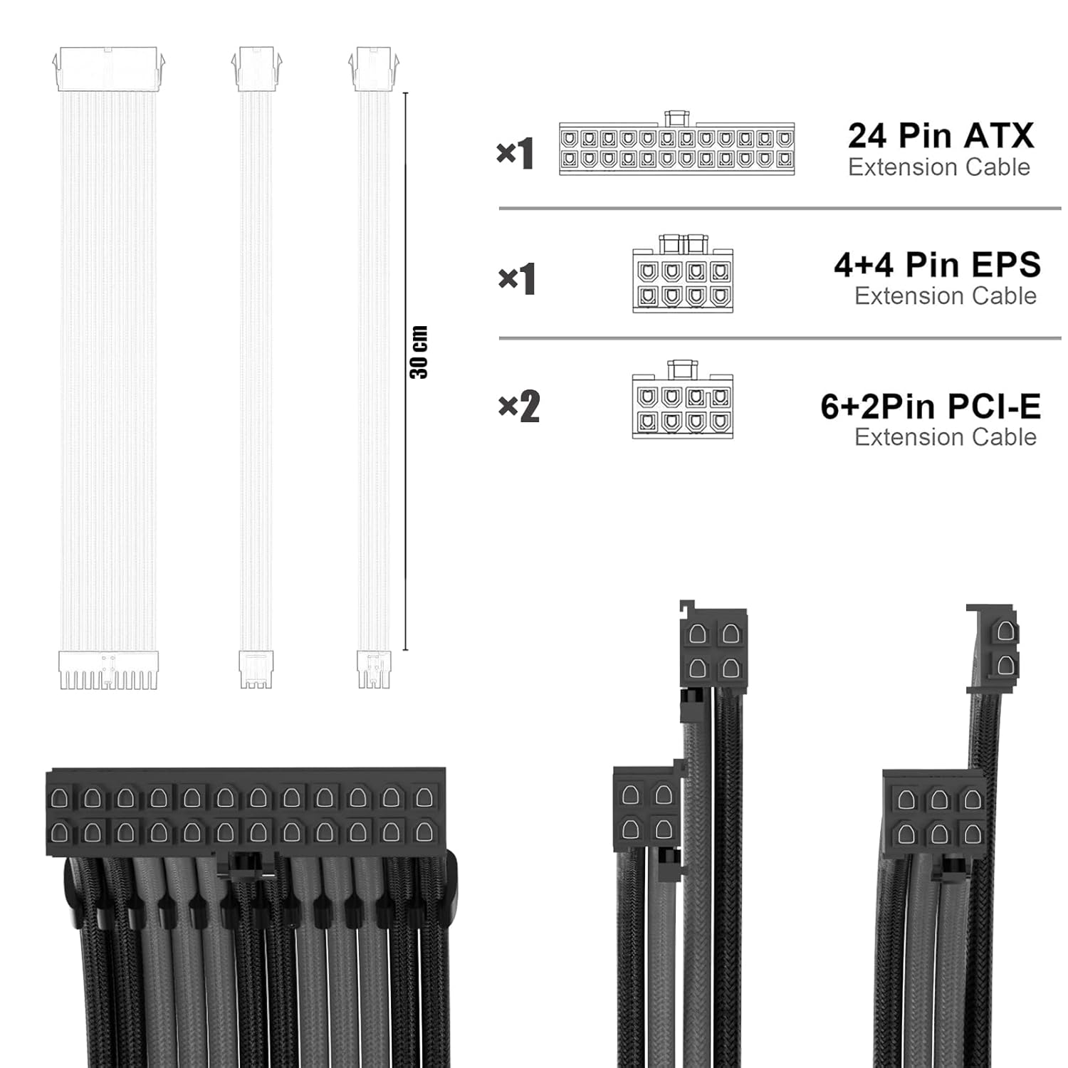 PSU Cable Extension Kit with Two Sets of Cable Combs 1x24Pin/1x8Pin(4+4) EPS/2x8Pin(6P+2P) PCI-E/ 30CM Length,PC Sleeved Cable for ATX Power Supply(Black/Gray)